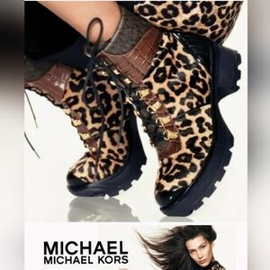 Michael Kors Khloe sz 6.5/ Brown and Black leopard Combat Boots with Rugged Sole